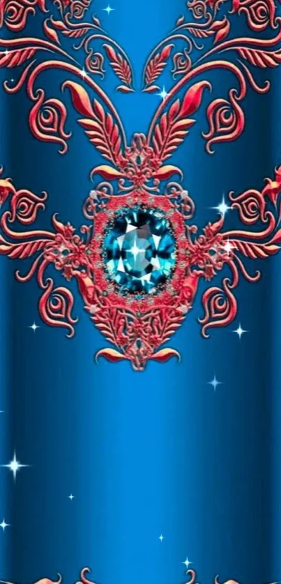 Blue wallpaper with red floral designs and jewel accent.