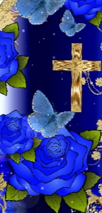 Blue roses with butterflies and golden accents on a dark background.