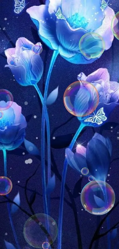 Elegant blue floral wallpaper with glowing flowers and butterflies.