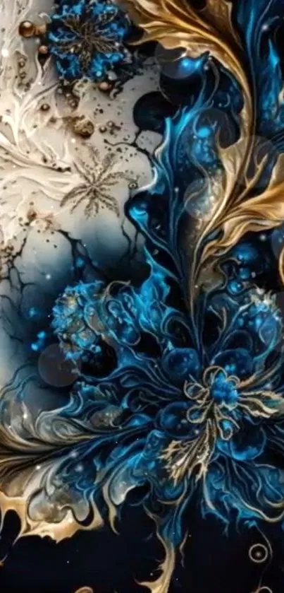 Elegant blue floral wallpaper with gold accents and abstract patterns.