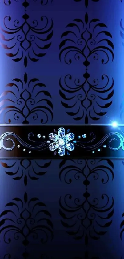 Elegant blue floral wallpaper with glowing jewel and patterns.