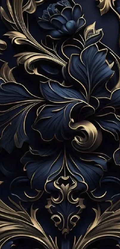 Elegant dark blue floral wallpaper with gold accents.