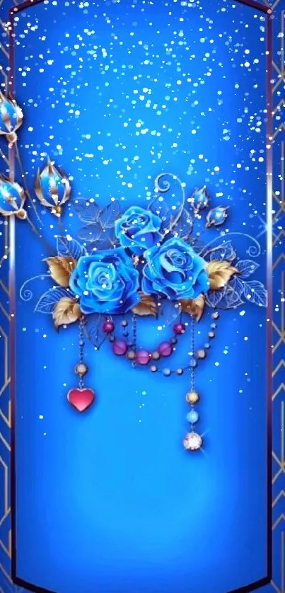 Elegant wallpaper with blue roses and geometric patterns.