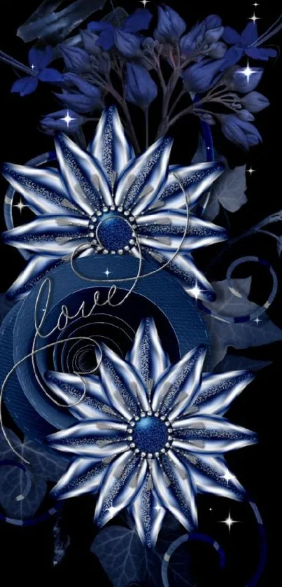 Elegant blue floral wallpaper with intricate design on dark background.