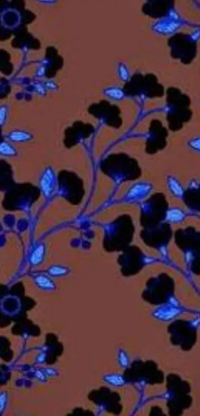 Elegant blue floral wallpaper with a brown backdrop.