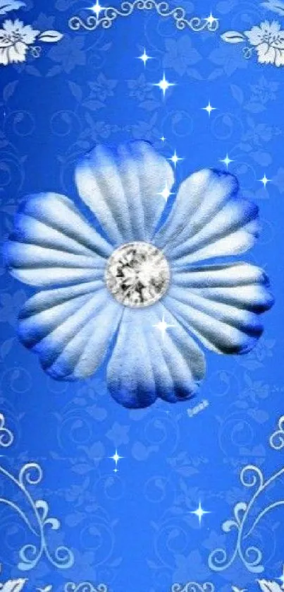 Blue floral wallpaper with diamond centered flower.