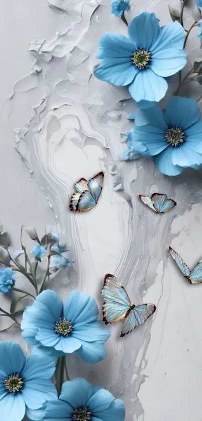 Elegant mobile wallpaper with blue flowers and butterflies on gray background.