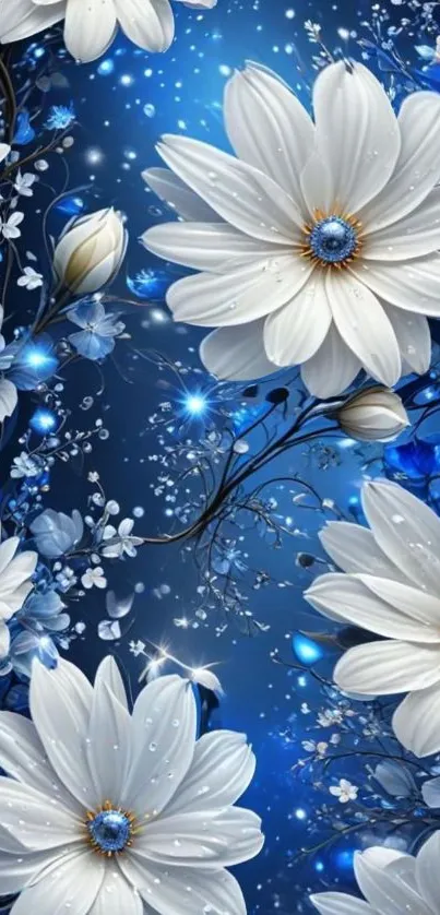 Elegant white flowers on a blue starry background wallpaper.