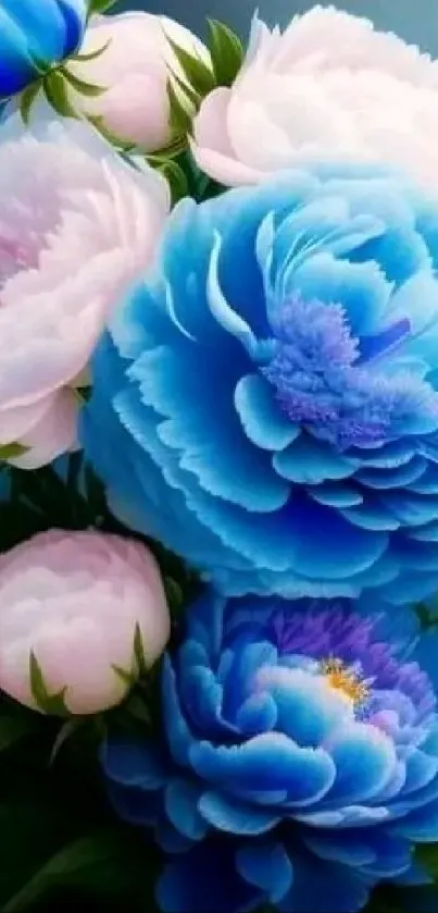 Vibrant blue and pink flower wallpaper with lush green leaves.