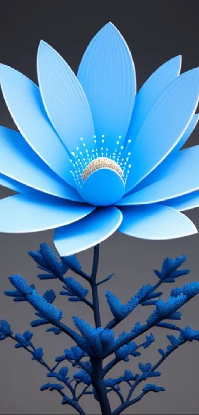 Elegant blue flower on a soft gray background.