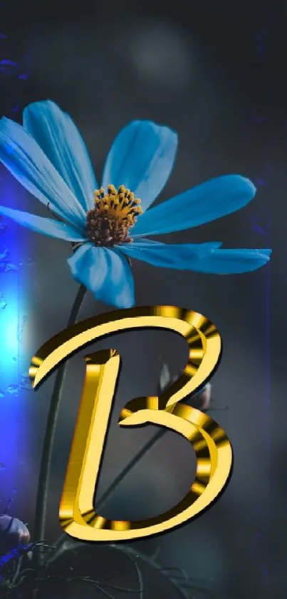 Blue flower with gold letter B on dark background.