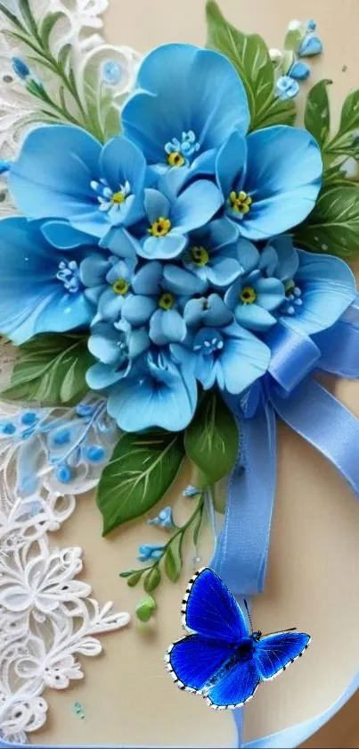 Elegant bouquet of blue flowers with butterfly on lace.