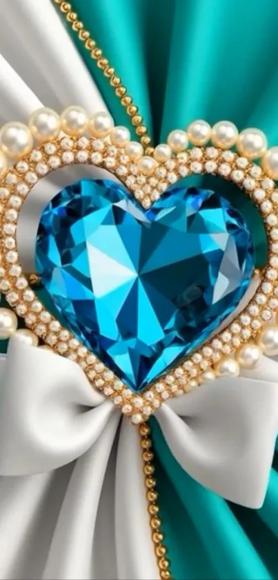 Blue gem heart with pearl border and teal drapery