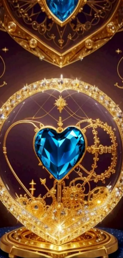 Elegant blue gem heart in a golden clockwork design for mobile wallpaper.