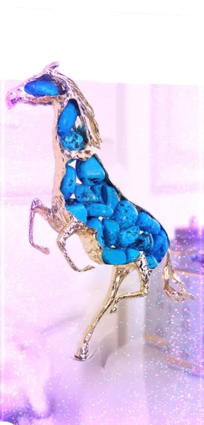 A horse adorned with vivid blue gemstones in a colorful, shimmering background.