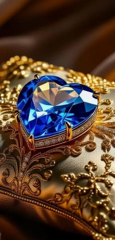 Blue heart-shaped gem on a golden cushion background.