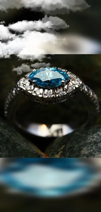 Elegant blue gemstone ring with cloudy sky background.