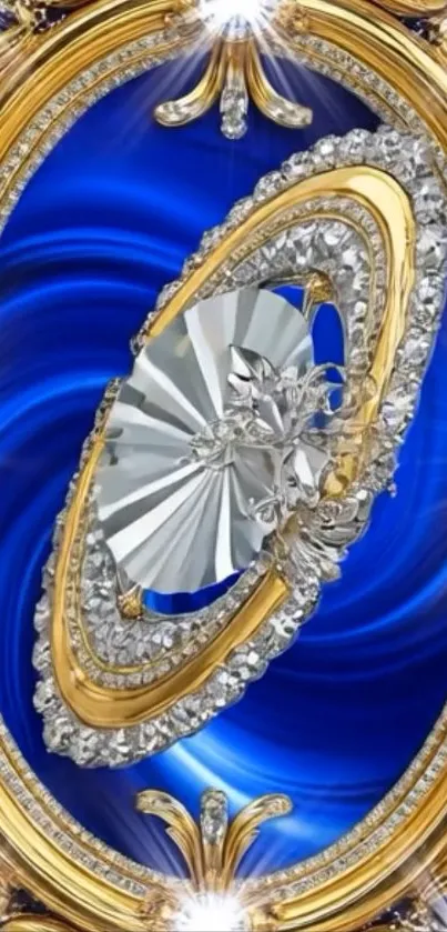 Luxurious wallpaper with blue and gold ornate gemstone design.