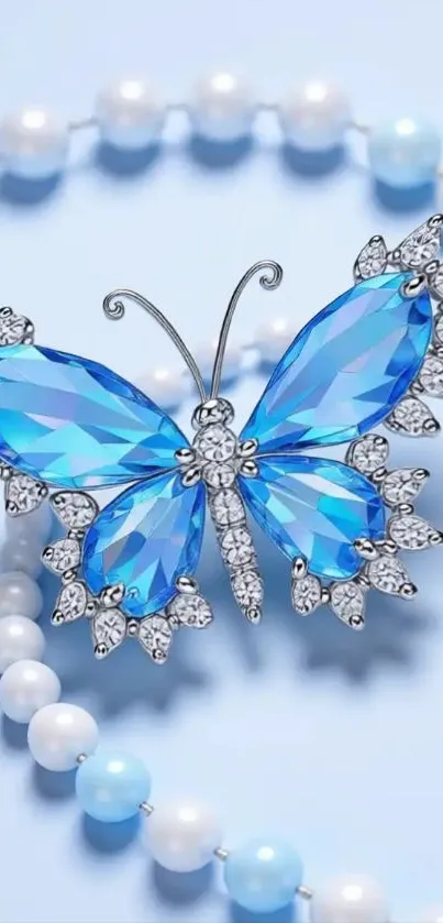 Blue gemstone butterfly with pearl beads on a light background.