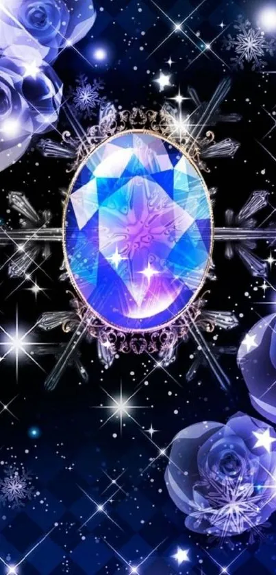 Elegant blue gemstone with floral and star accents on a dark background.