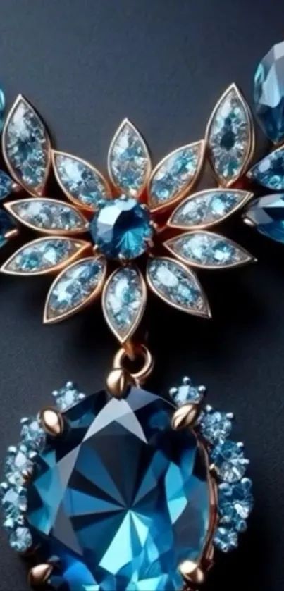 Elegant blue gemstone necklace with intricate design on dark background.