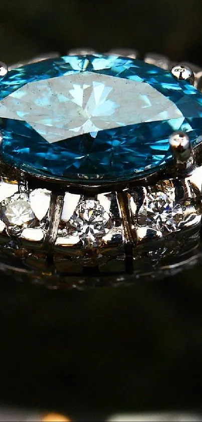 Elegant blue gemstone ring with sparkling diamonds on a dark background.