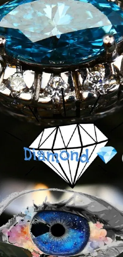 Elegant blue gemstone ring with diamonds on a mobile wallpaper.