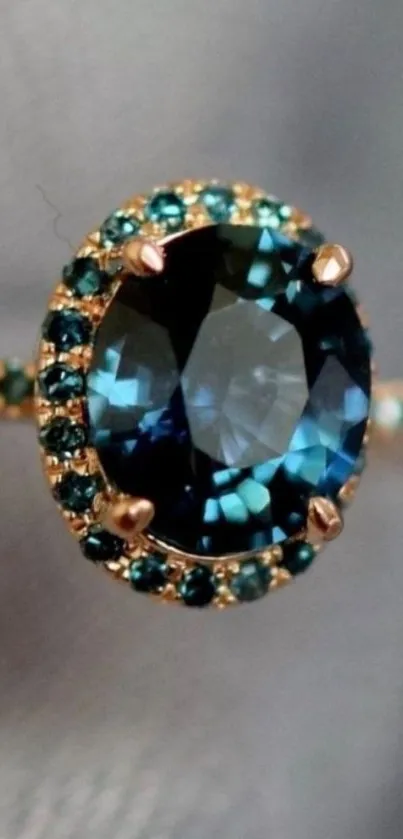 Close-up of a sapphire ring with blue gemstones.