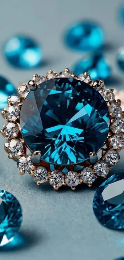 Elegant blue gemstone with sparkling diamonds.