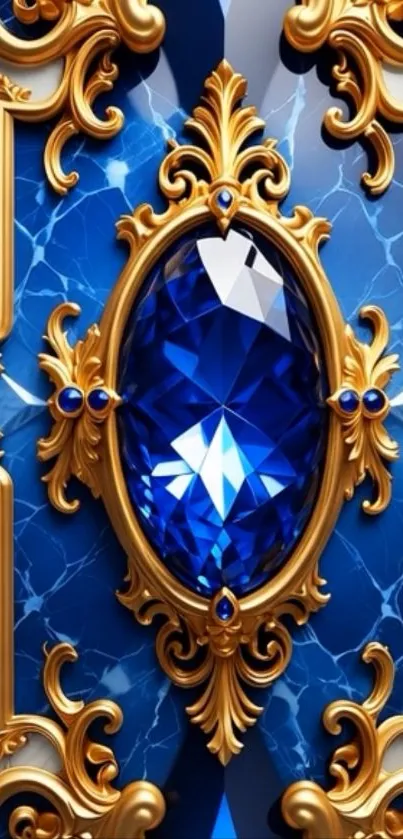 Ornate wallpaper with blue gemstone and gold accents.