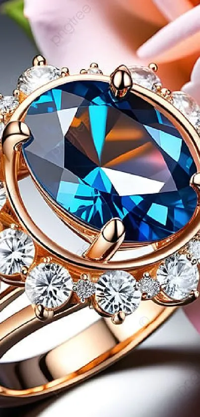 Stunning blue gemstone surrounded by sparkling diamonds in elegant wallpaper.