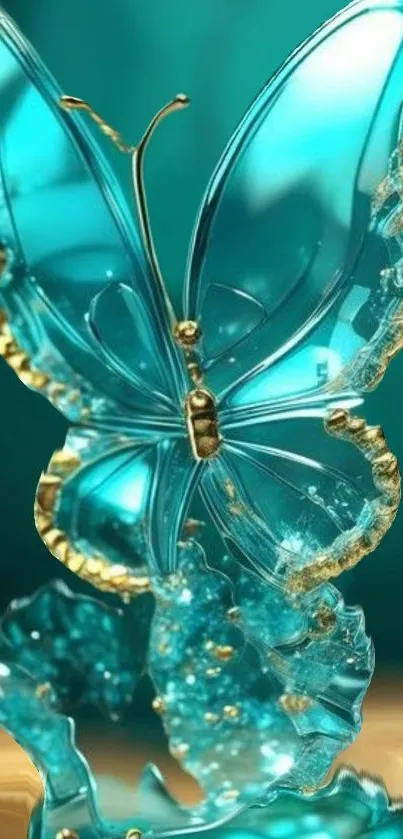 Elegant blue glass butterfly with golden details on a teal background.