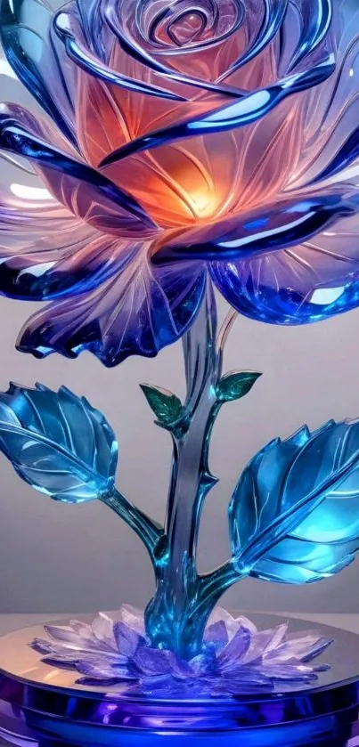 Blue glass rose with glowing details on a mobile wallpaper.