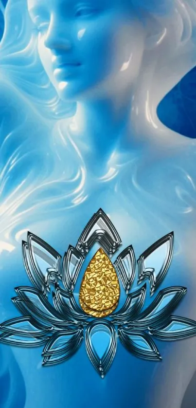 Blue goddess with lotus emblem wallpaper, featuring gold accents.