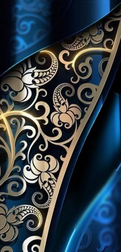 Elegant mobile wallpaper with blue and gold floral pattern.