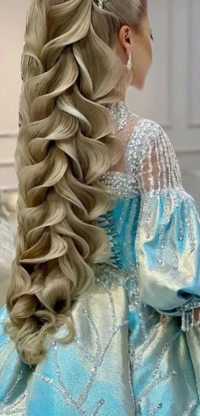 Elegant blue gown with curled hairstyle.