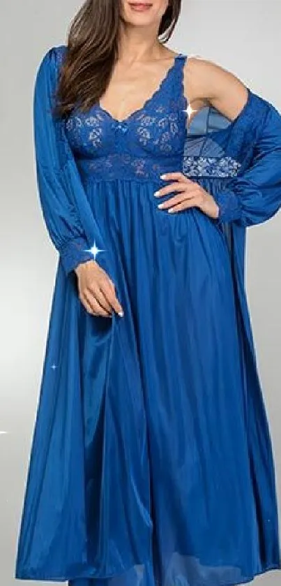 Elegant woman in a flowing blue gown.