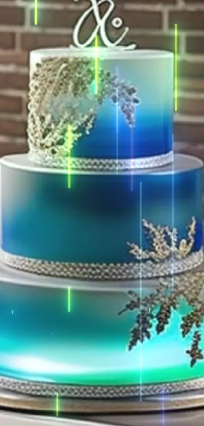 Three-tier blue gradient cake with gold decorations.