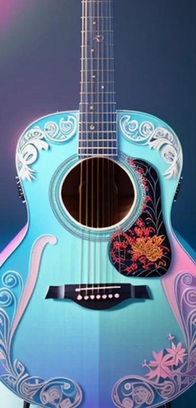 Elegant blue guitar with floral patterns, colorful wallpaper design.