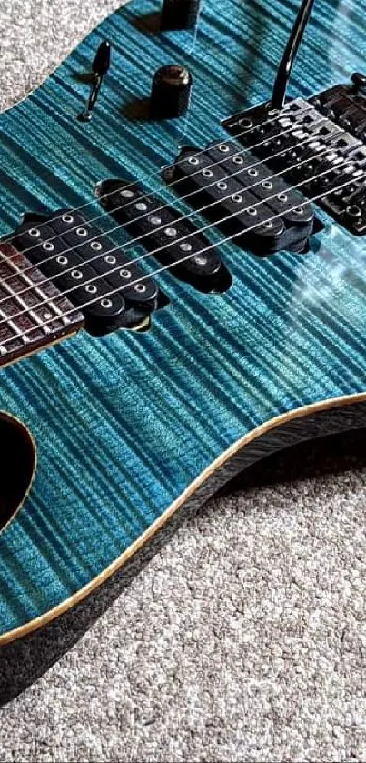 Blue electric guitar on carpet, close-up view.