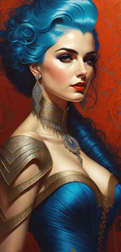 Elegant woman with blue hair on a vibrant red backdrop.