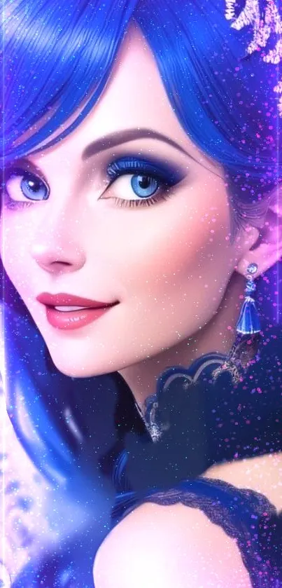 Elegant woman with blue hair and intricate makeup in stunning wallpaper.