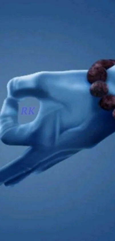 Blue hand gesture with a bracelet on a gradient background.