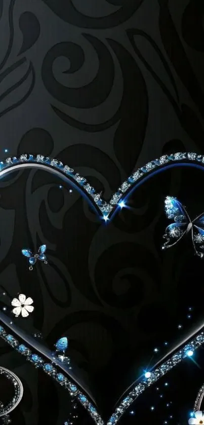 Mobile wallpaper with blue jeweled heart and butterflies.