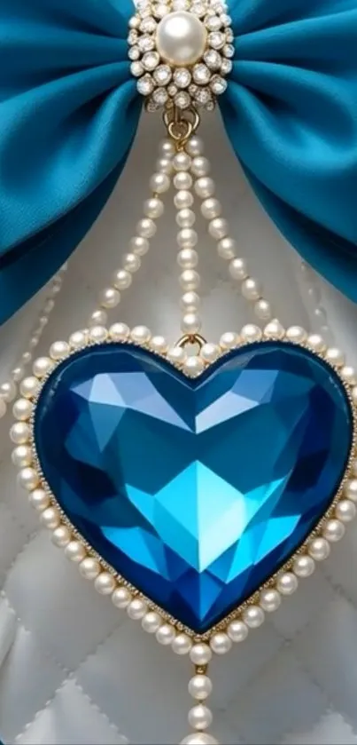 Elegant blue heart gem with pearls on satin background wallpaper.