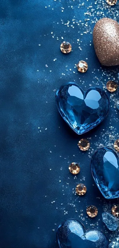 Elegant blue heart-shaped gems and gold heart on a luxurious background.