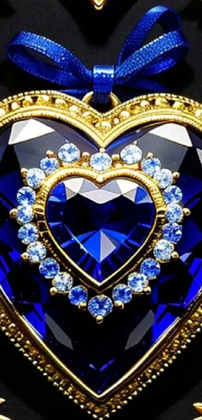 Blue heart jewel with gold and gems on a dark background.
