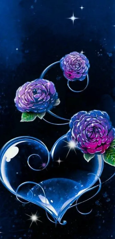 Blue glass heart and purple roses wallpaper for mobile background.