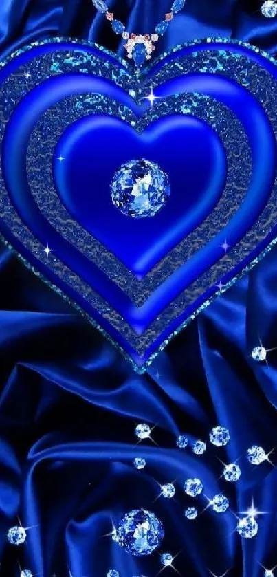 Elegant blue heart wallpaper with gemstones on silky background.