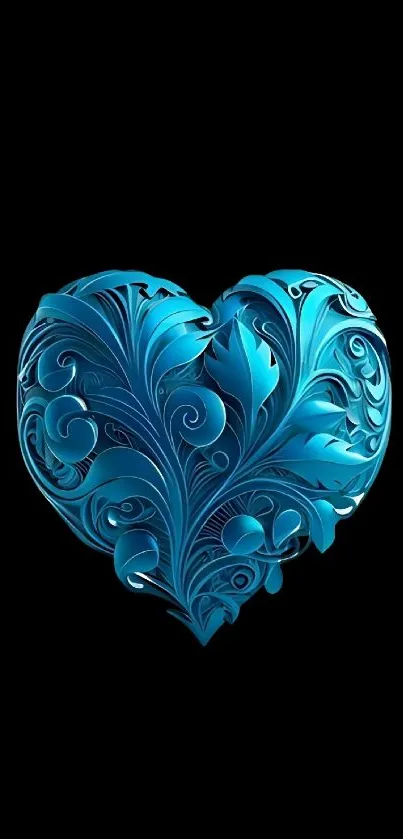 Intricate blue heart on a black background, perfect for mobile wallpaper elegance.